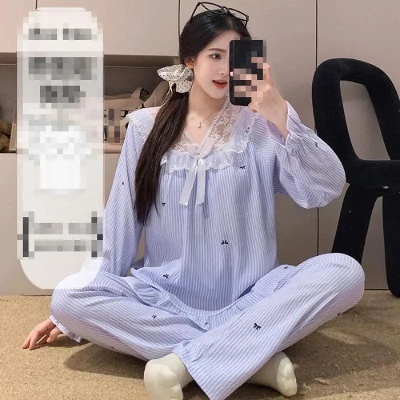 Women's Lace V-Neck Pullover Long Sleeved Long Pant Home Suit Set for Girls In Spring Autumn New Pajamas for Women Two-Piece Set