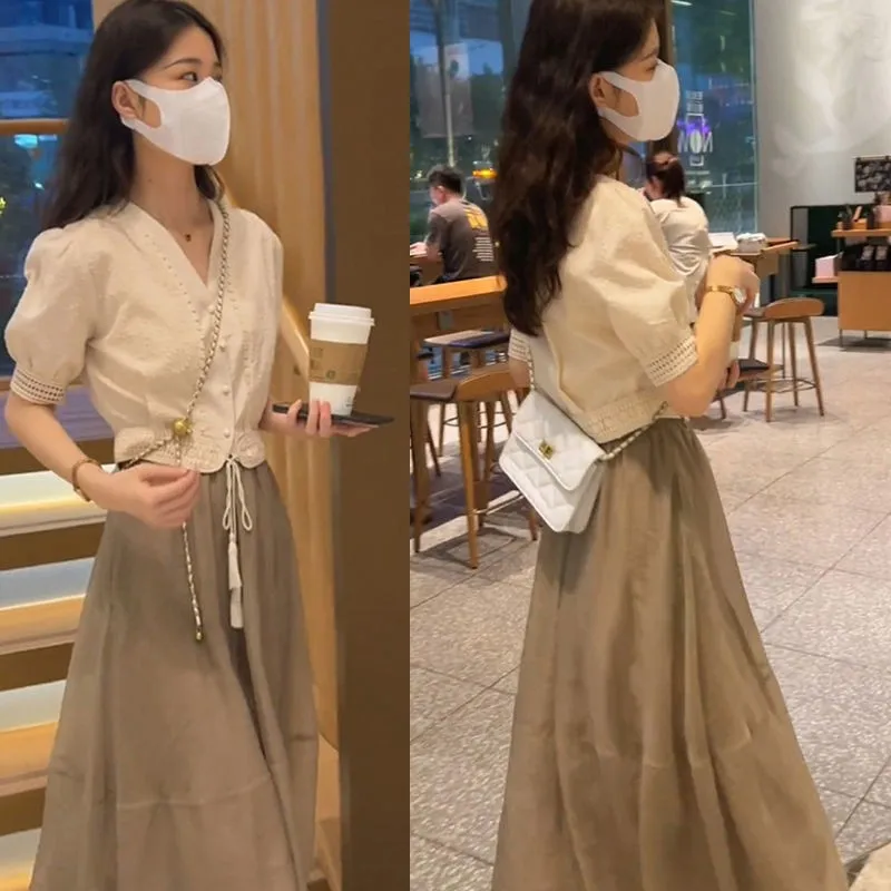 Zomeroutfitset Dames Gentle Salt System Milk Tone Afslanktop f-lengte Rok Tweedelige set Faionable Vrijetijdskleding