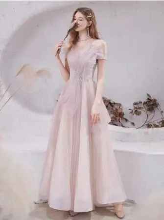 Vestidos de Noche de tul rosa, lentejuelas de ilusión, apliques plisados, longitud hasta el suelo, hombros descubiertos, vestido de fiesta de boda y graduación