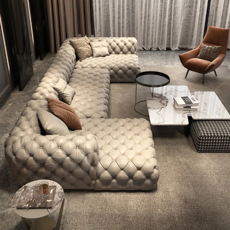 Italian Full Leather Sofa Modern Simple and High-End Villa American Simple European