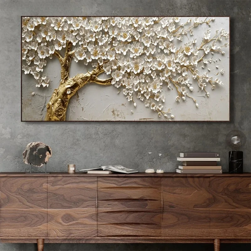 

Golden White Flower Tree Poster and Prints Abstract Canvas Painting Wall Art Pictures for Living Room Home Decor Gift Poster