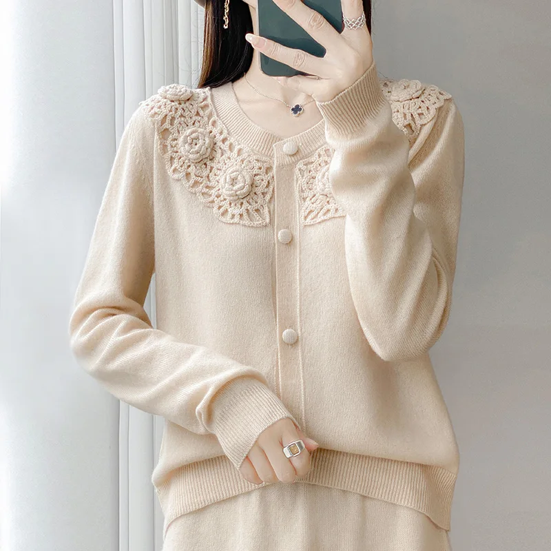 

Fall/Winter 100% Pure Wool Knitted Cardigan Women's Round Neck Heavy Industry Crocheted Sweater Coat Warm Coat
