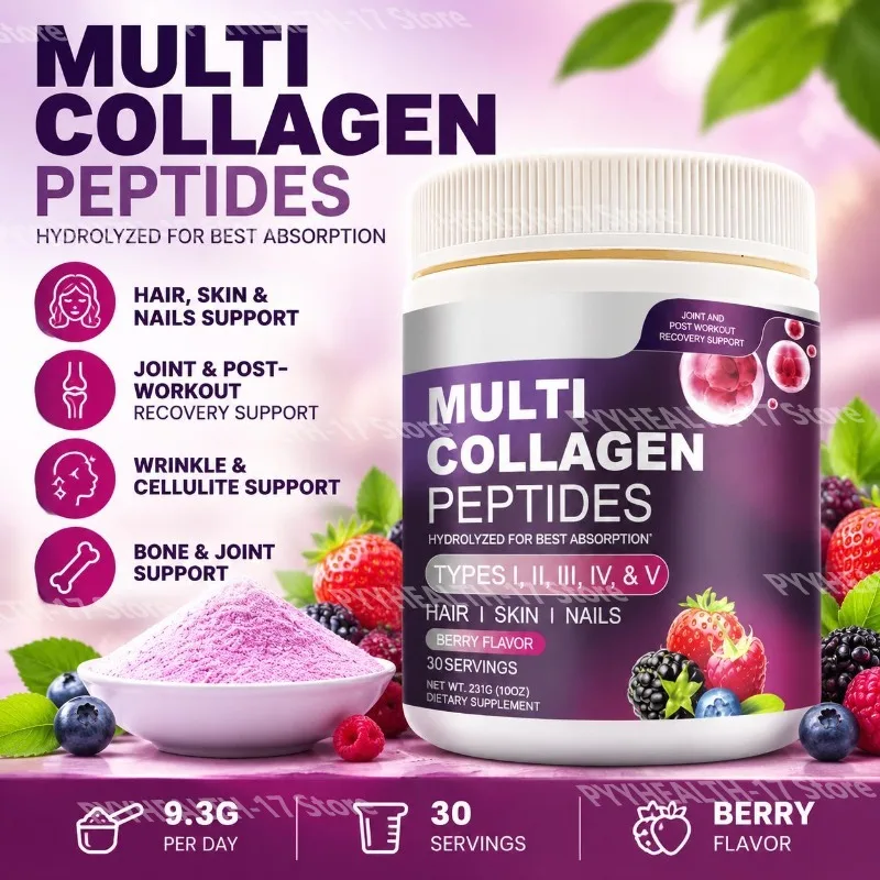 Multi Collagen Peptides Powder Berry for Hair Skin Nails Joint Recovery Support,Hydrolyzed Types I-V Support 30 Servings