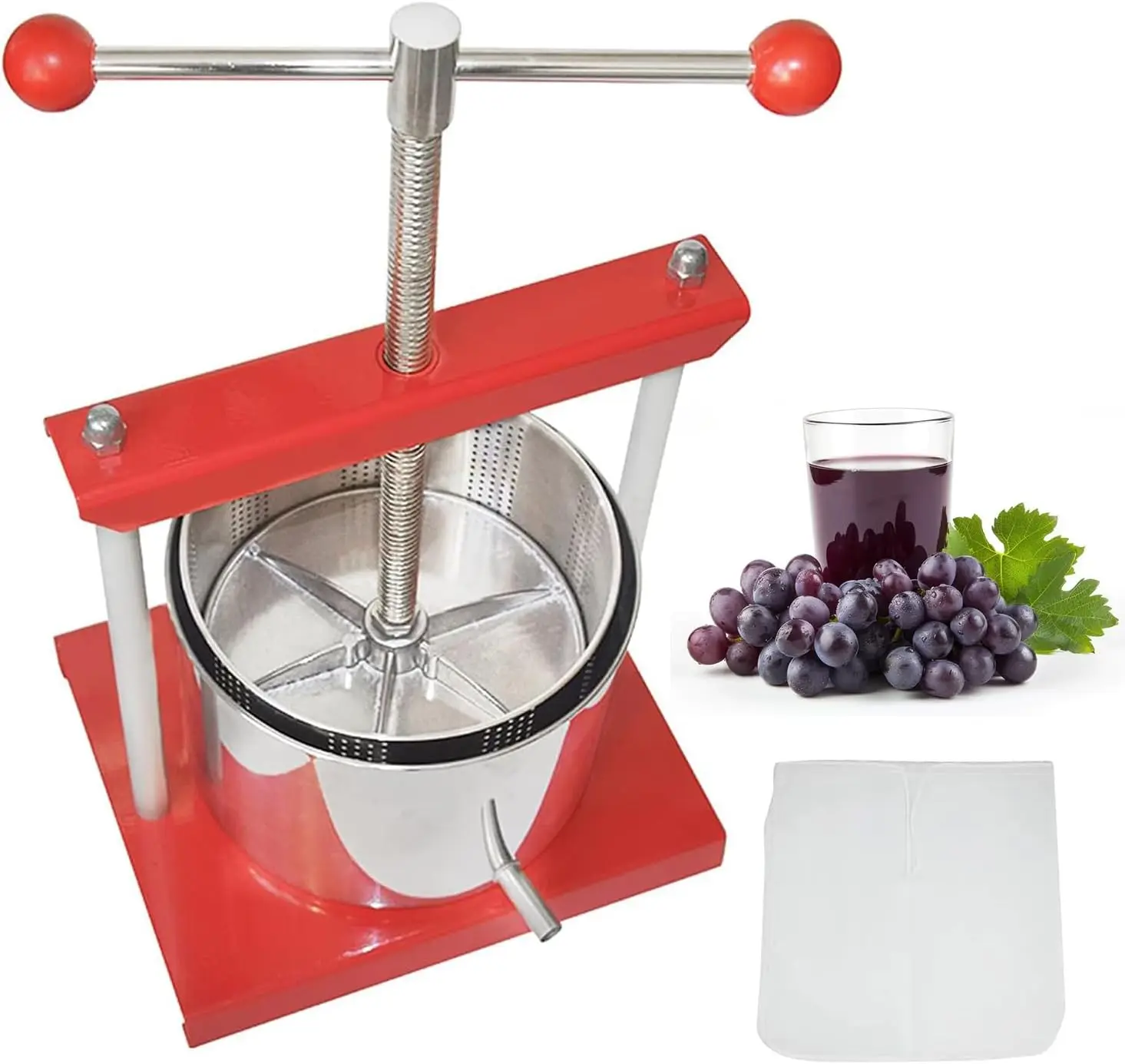 Prensa Manual para Vino de Frutas - 1.6 Galones, 6 Litros, Acero Inoxidable y Hierro, Mango de Bola de Presión para Jugo, Sidra, Aceite de Oliva