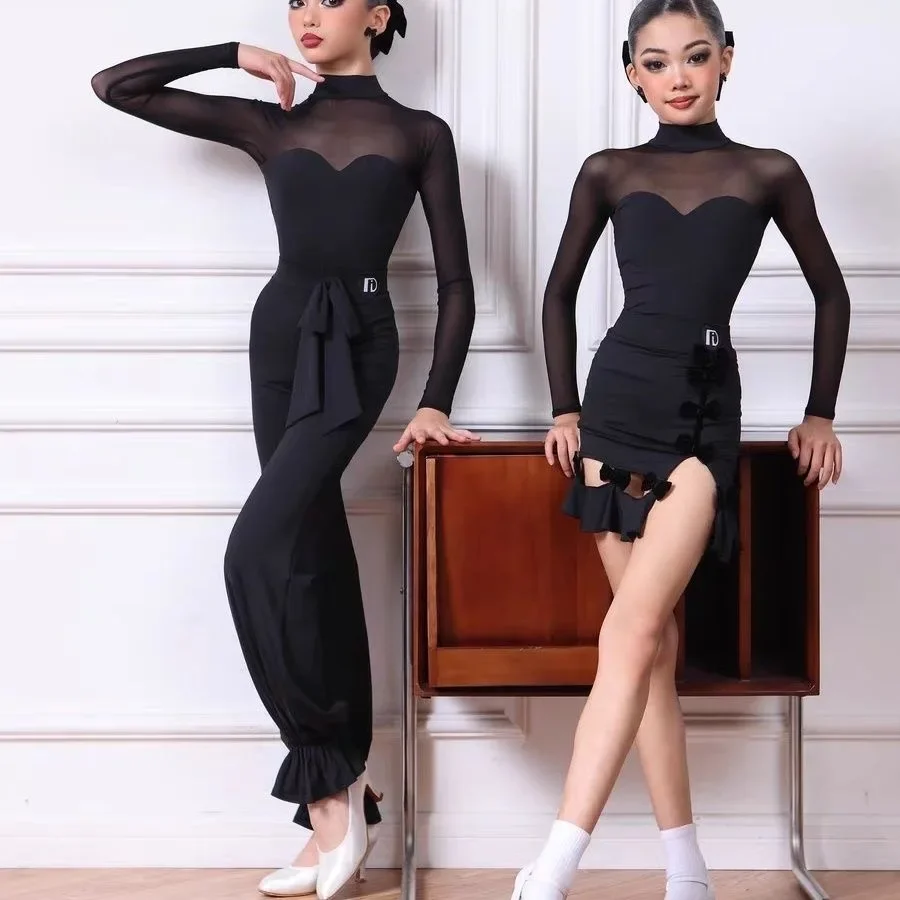 2025 Lijn Danskleding Dames Danskleding Nieuw Latin Danspak Nieuw in Jurken Toneelkostuum Blauwe Jurk Latin Dancewear Lange Broek