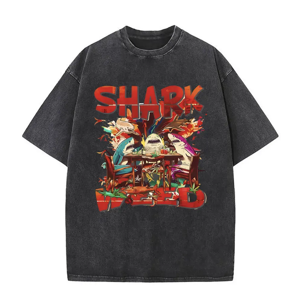 Sashimi Shark Girl Graphic T-shirt Funny Japanese Style Shark Vintage Washed T Shirt Men Hip Hop Oversized Short Sleeve T-shirts