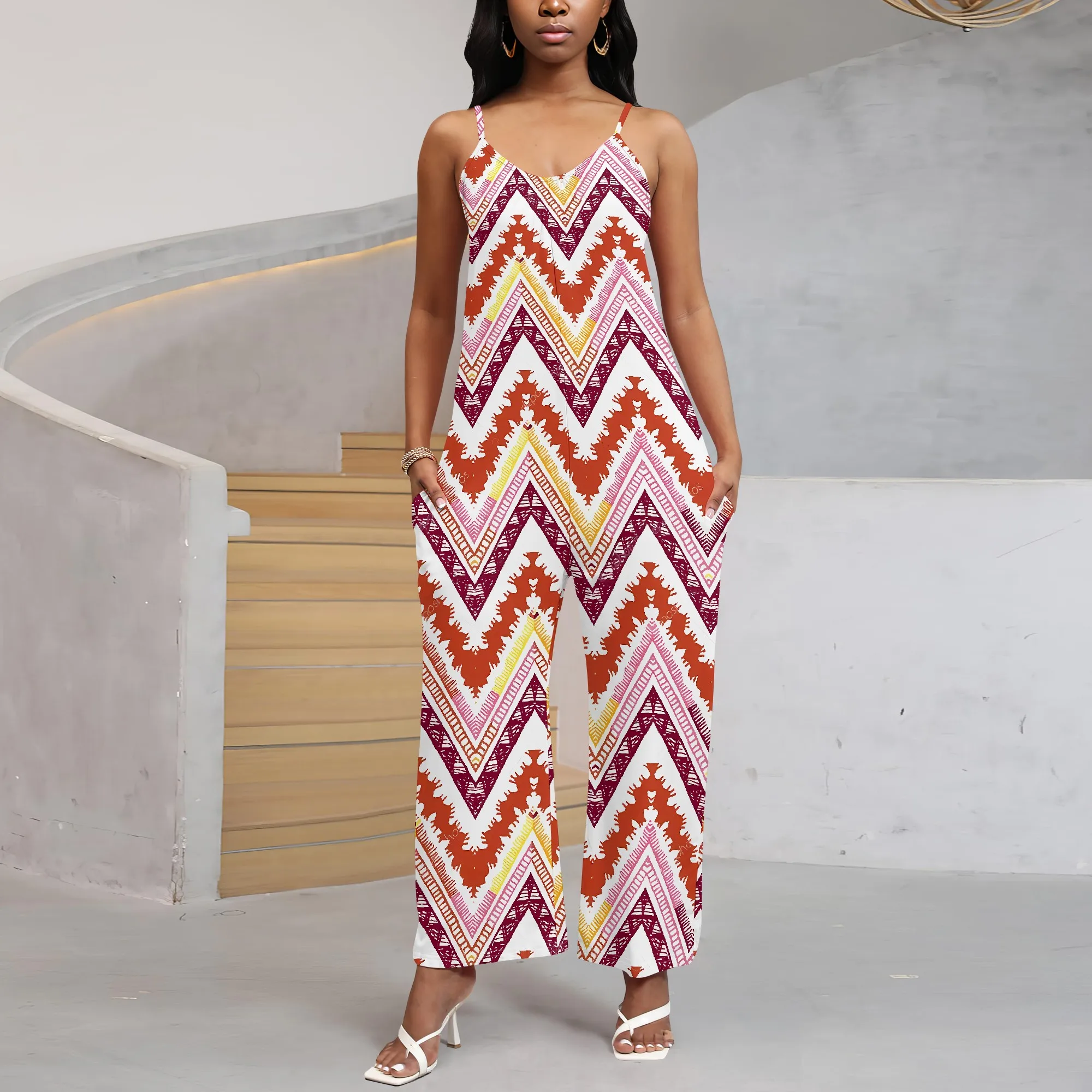 

EQQZD Waveform Pattern Print Jumpsuit with Pockets, Sleeveless V-Neck Spaghetti Camisole Top Wide Leg Pants Jumpsuit