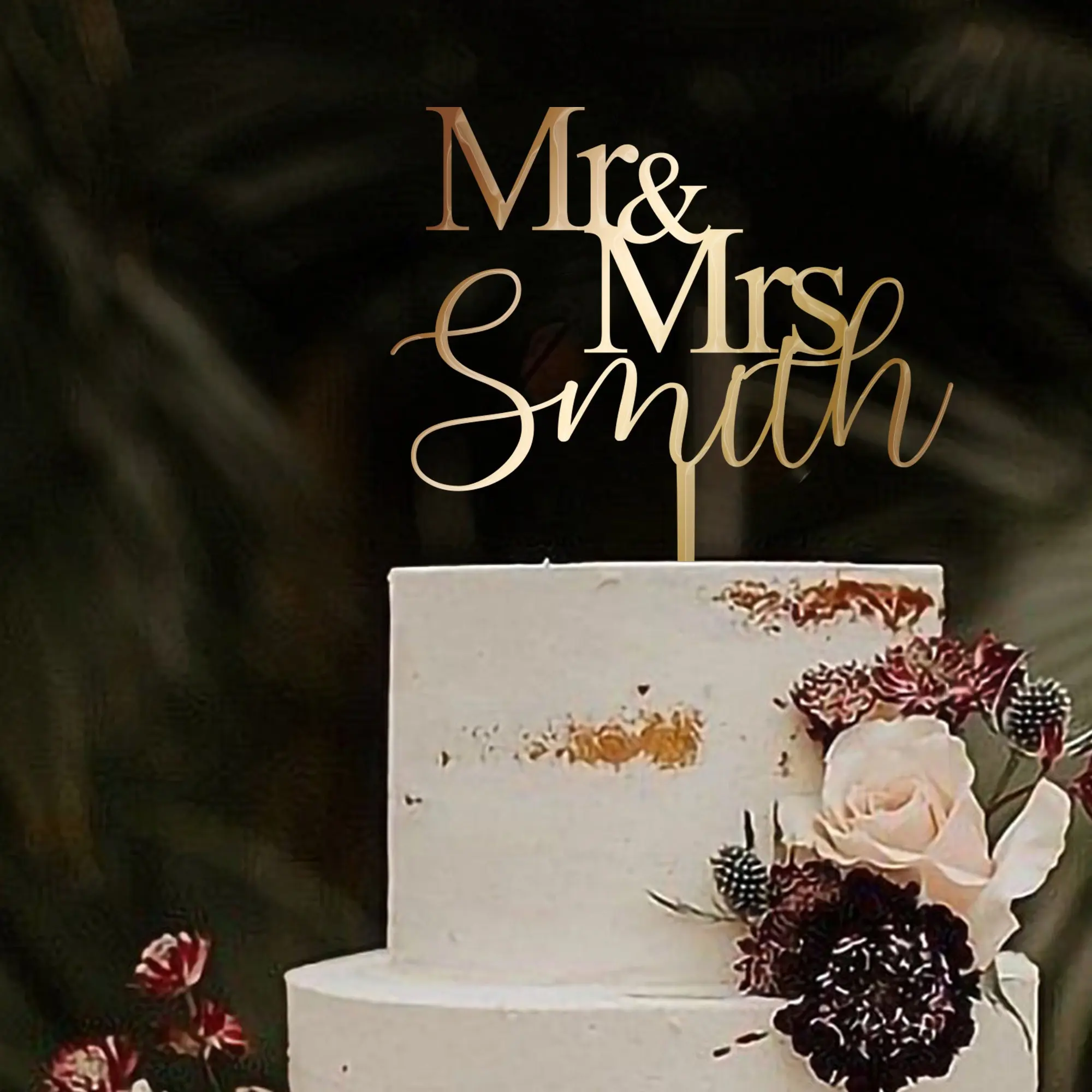 

Personalized Wedding Cake Topper, Rustic Gold Script Cake Topper, Custom Wood and Arcylic with Mr and Mrs, Party Decor