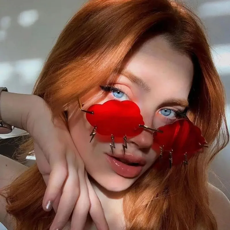 

Women Fashion Clouds Shape Sunglasses with Lightning Pendant Colorful Rimless Sun Glasses Retro Funny Party Eyewear
