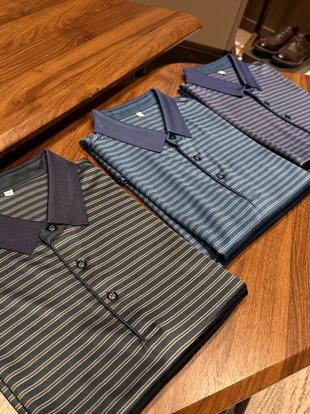 

High Quali Men's Busin Casual Striped ort Sve T-irt Silk Polyester Blend Cool And Breathable for Summer Wear
