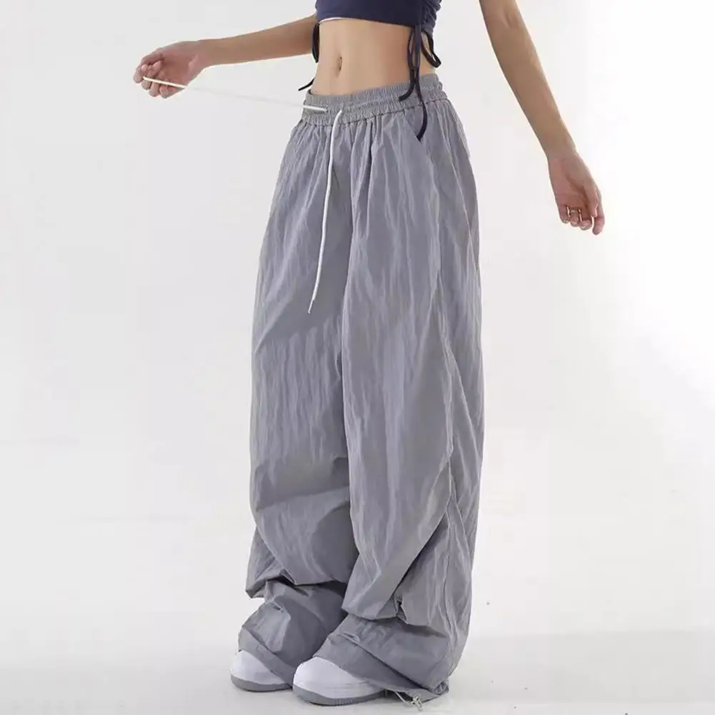 Women Pants Elastic Waist Drawstring Long Pants Wide Leg Leisure Travel Cargo Trousers Candy Color Streetwear Baggy Pants