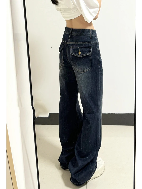 

Удлиненные расклешенные джинсы в американском стиле ретро с низкой талией, женские весенние утягивающие не подходящие леггинсы, ультра длинные джинсы, темно-синие джинсы
