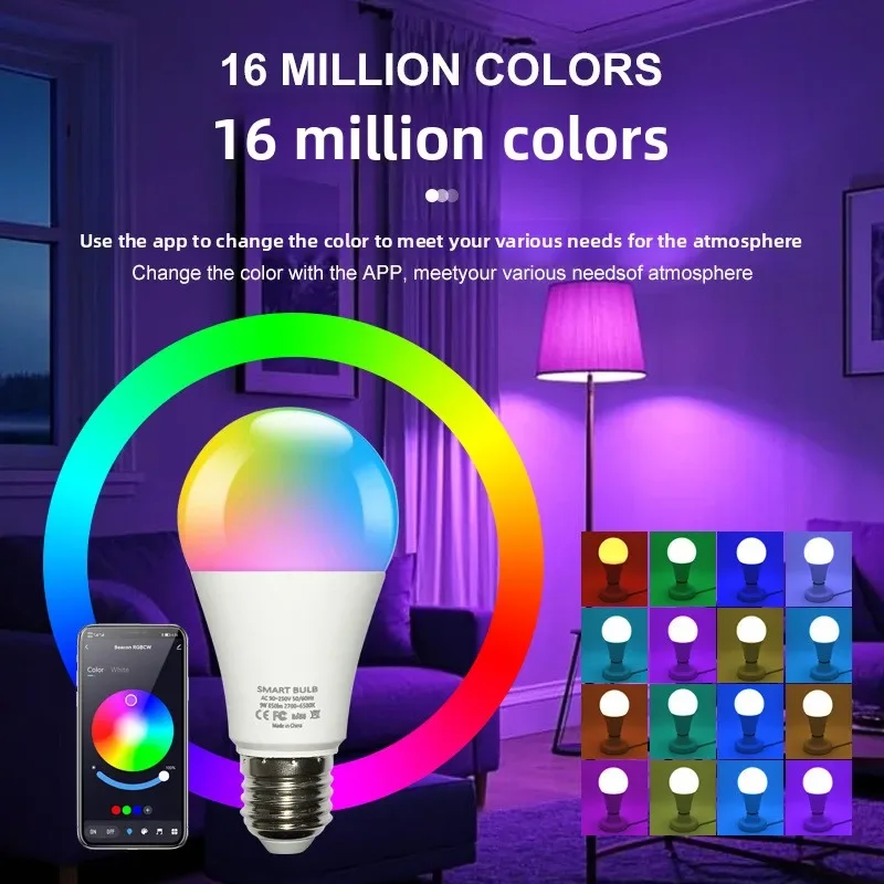 LED Smart Colorful Light Bulb, WiFi & Alexa Voice Control, RGBCW Dimmable & Color-Tunable, A19 Globe Bulb Tuya Compatible