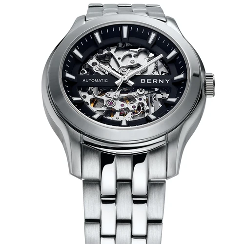 Imagen 2 del producto Reloj mecánico BERNY Skeleton para hombre, reloj de pulsera de lujo Miyota 8N24 con exposición de zafiro, reloj de pulsera automático con cuerda automática, resistente al agua 5ATM