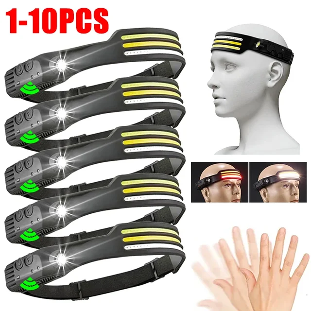 Indukcyjna latarka czołowa COB LED Lampa czołowa z czujnikiem Wbudowana latarka akumulatorowa Latarka czołowa z możliwością ładowania przez USB 10 trybów oświetlenia Reflektor