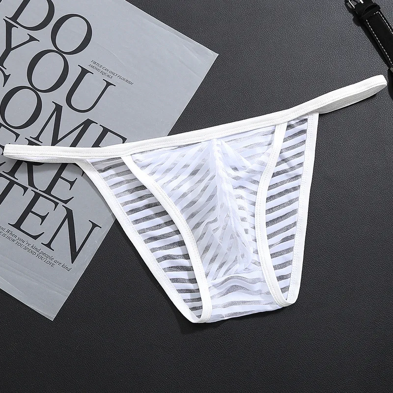 Sexy Men's Brief Underwear Striped Mesh Transparent Ice Silk Quick Dry Thin Tanga Gays Erotic U Convex Pouch High Fork Underpant