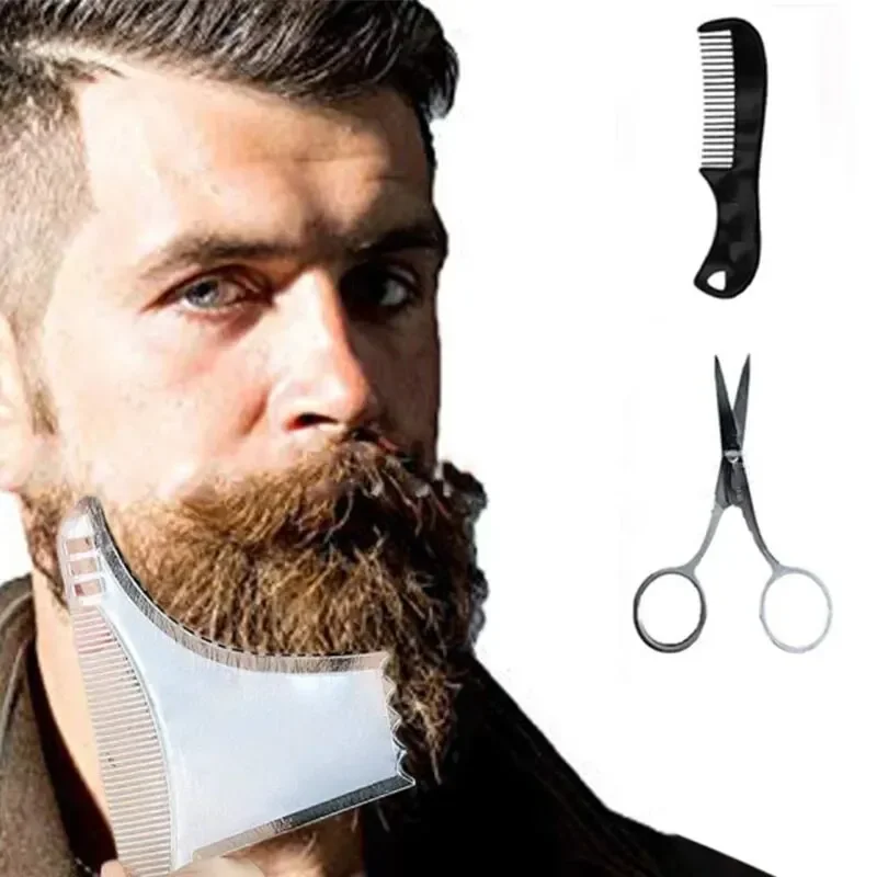 Kit de 3 piezas para hombre, herramienta moldeadora de barba, peine de plantilla, tijeras, juego de herramientas para dar forma a la barba