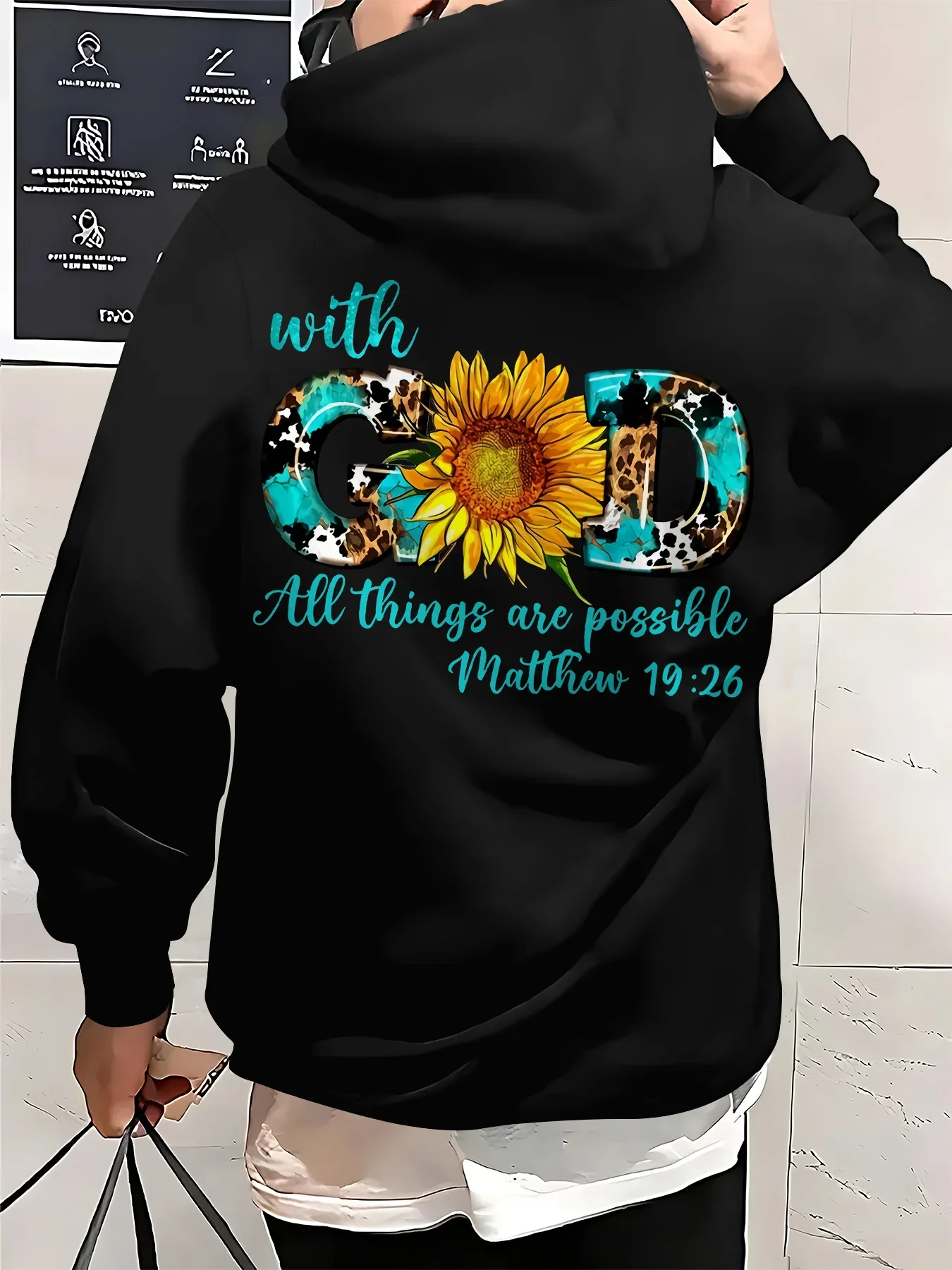 Trendy Sunflower God Slogan Back Print Hoodie Unisex, All Things Are Possible Letter Graphic Design, Oversized Casual Pullover
