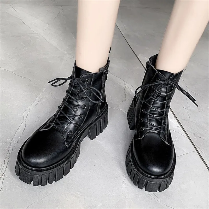 Lucyever Chunky Platform Ankle Boots Women Pu Leather Square Heels Combat Boots Woman Lace Up White Black Short Booties Female