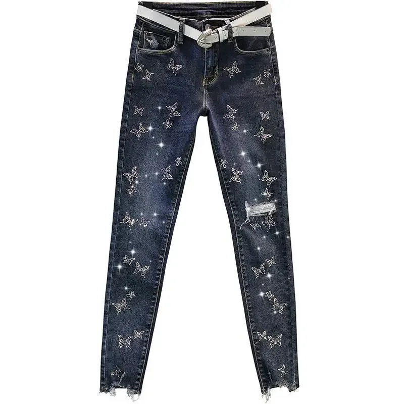 High waisted ripped Skinny Jeans For women 2026 Spring Autumn New Slimming Hot Diamond pencil pants Female Casual Denim Pants
