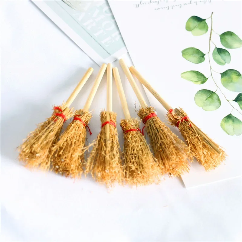 3pcs Mini Broom Red Rope Straw Brooms Hanging Decorations for Halloween Party Costume Witch Broom Dollhouse Accessories