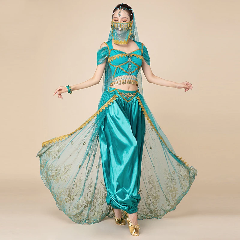 

Genie Jasmine Arabian Belly Dance Princess Aladdin Fancy Dress Up Costume 5 Pieces Set (Top Pants Veil Earrings Bracelet Sari )