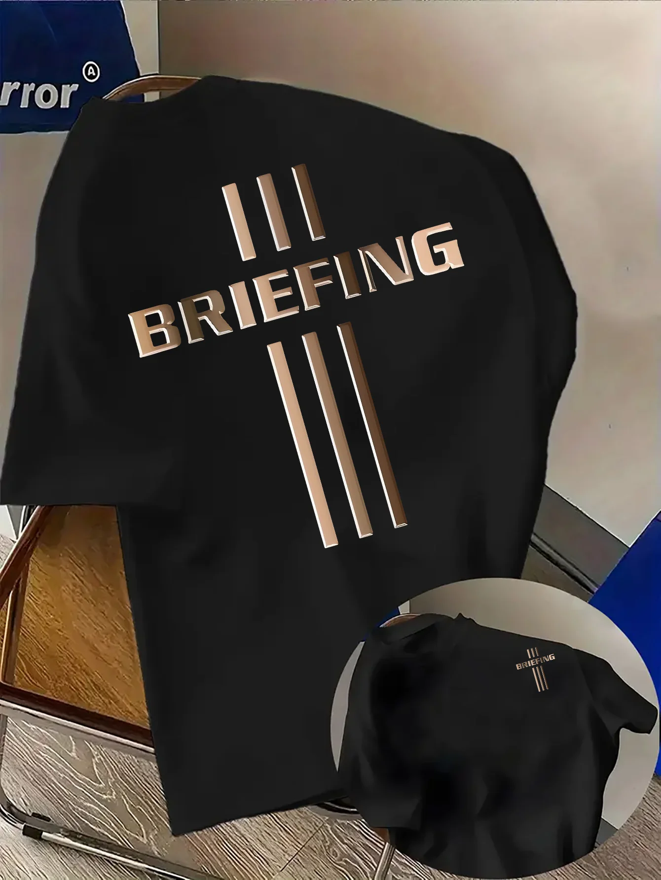 Stylish 100% Cotton Mens T shirt Featuring Gold Foil Vertical Stripe and Briefing Phrase Ultra Soft Ideal for Summer Daily Wear