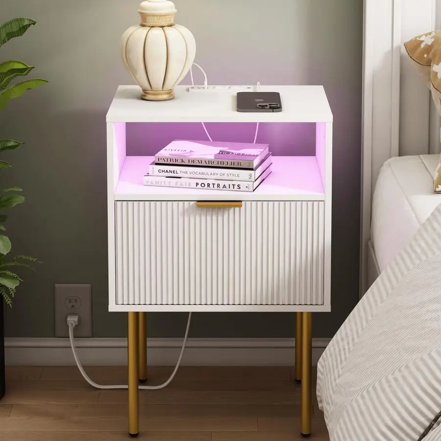 

Nightstand with Charging Station and LED Lights, White Bedside Table with Drawer, Fluted Side Table for Living Room, Bedroom