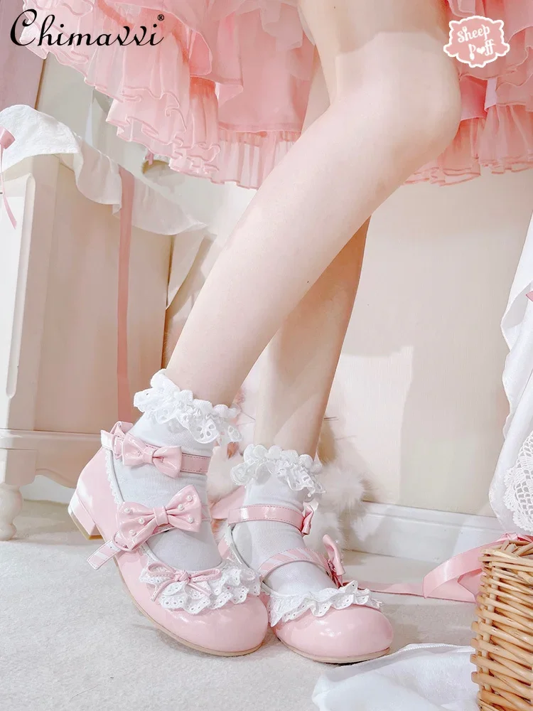 Lolita Sweet Lace Edge Bow Shoes Clip Single Shoes Spring and Autumn New Cute Girl Ladies Kawaii Low Heel Mary Jane Shoes