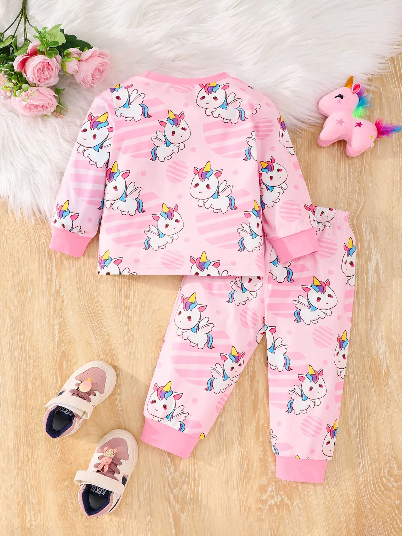 2-Piece Autumn Baby Girl Cartoon Comfortable Simple Cute Long Sleeve Trousers Loose Pajamas Set Unicorn Full Print Pattern