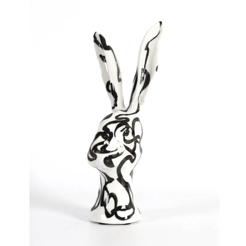 Resin Handicraft Artificial Animal Sculpture on The Way Black and White Rabbit Head Hand-painted Graffiti Decorative Figurines