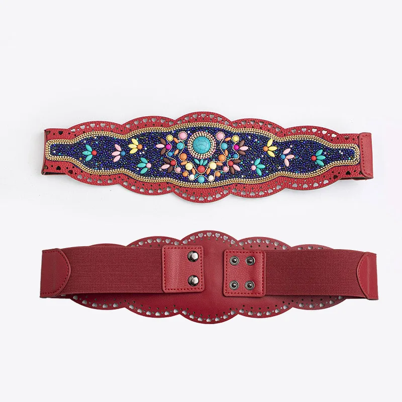 Bohemian Heavy Work Turquoise Hollow-out Ethnic Pattern Elastic Ethnic Women's Waist Belt