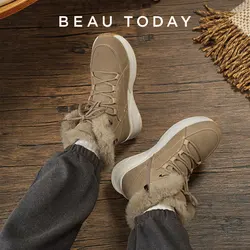 BEAUTODAY Winnter Snow Boots Women Cow Suede Round Toe Chunky Sole Lace Up Furry Outdoor Ladies Ankle Bootie Handmade 08225
