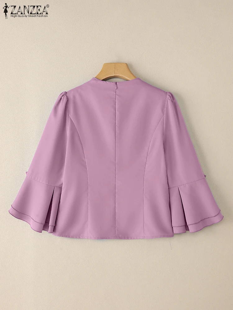 ZANZEA Elegant Women Office Work Shirt Summer O-Neck 3/4 Flare Sleeve Blouses Fashion Casual Party Tops Female Chemise Oversize