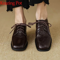 Krazing Pot pelle di pecora tacchi bassi primavera Lace Up punta quadrata Brogues donna Office Lady Luxury Deep Mouth Brand pompe per il tempo libero