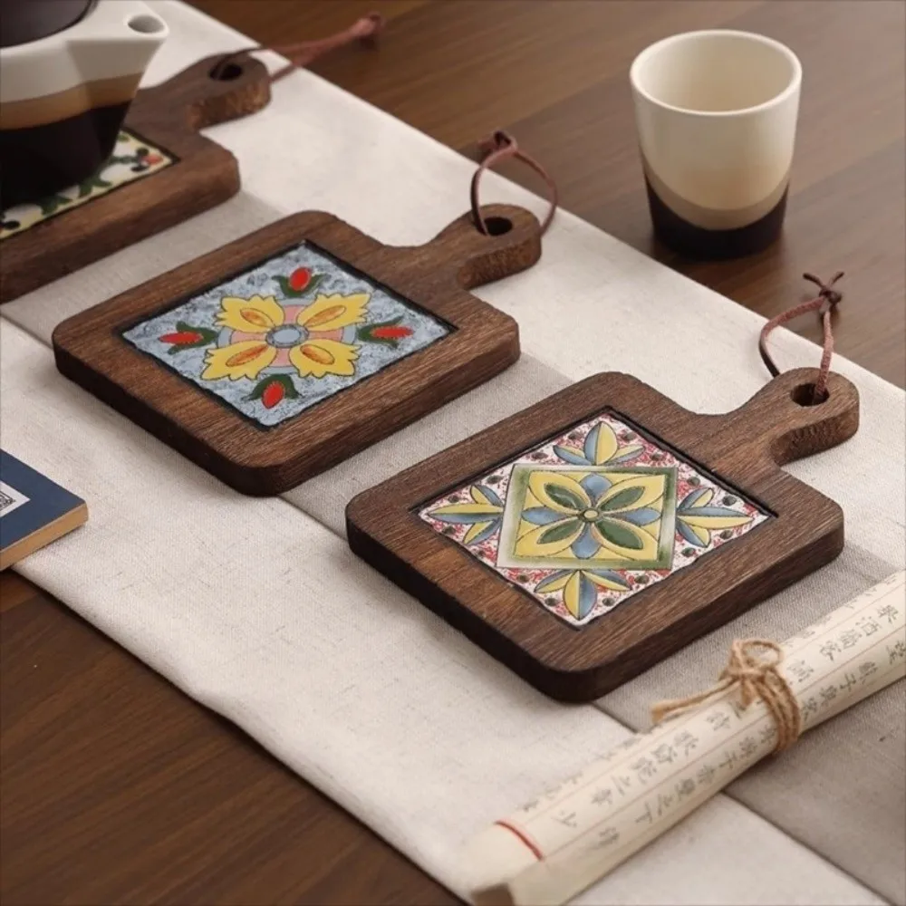 Japanese Style Solid Wood Coaster Heat Resistant Retro Coffee Cup Mat Placemat Square Wooden Flower Tile Coaster Tea Time