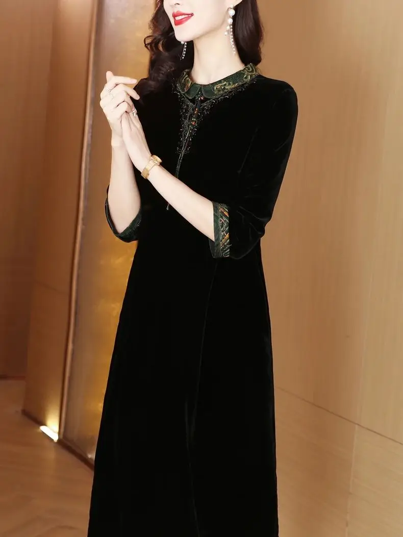 2023 New Fashion Silk Velvet Dress Women\'s Autumn Vintage Embroidery Knee Length Dress Korean Black Loose Fit Party Vestidos