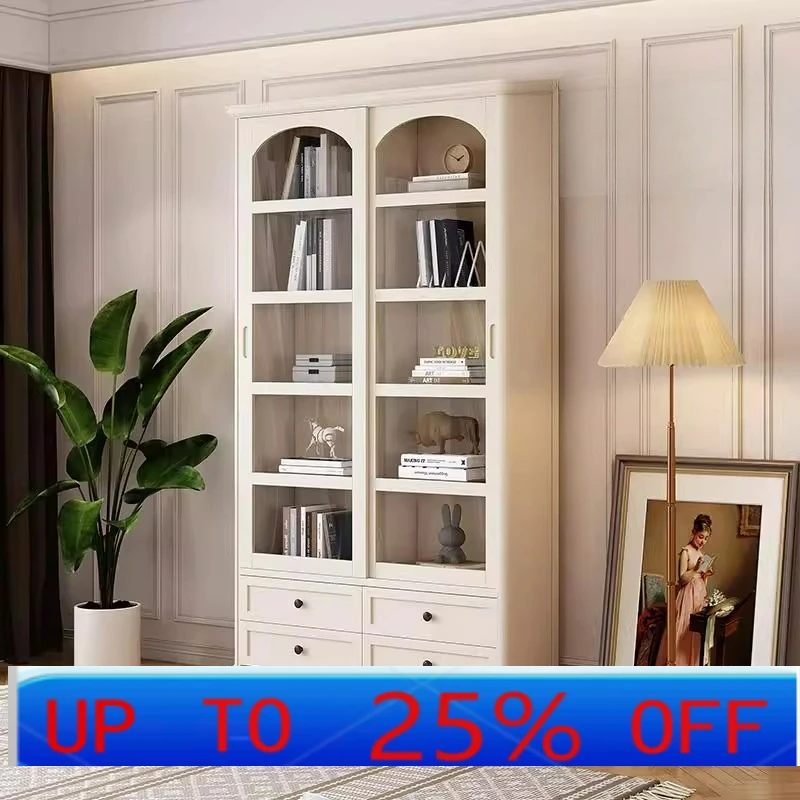 

LTT American solid wood bookcase sliding door living room display cabinet household floor white bookcase