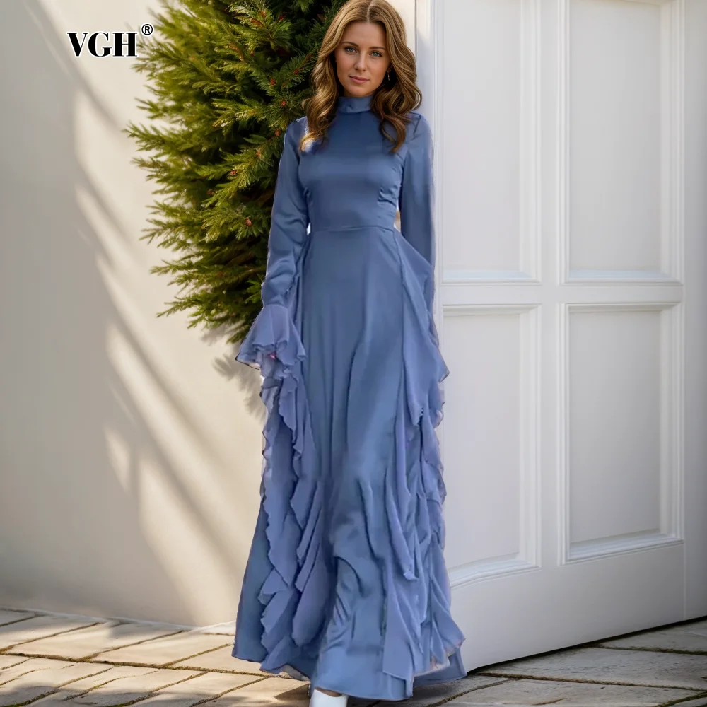 

VGH Elegant Patchwork Ruffles Solid Dresses For Women Stand Collar Butterfly Sleeve High Waist Temperament Long Dress Female New