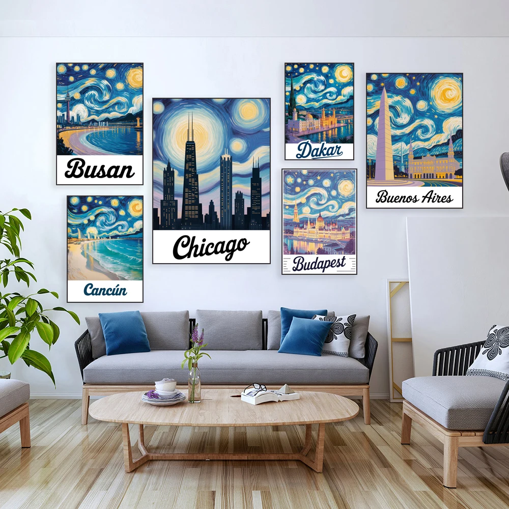 Van Gogh style starry night Edinburgh, Dubai, Cancun, Cleveland, Cape Town, Boston, Brisbane, Brussels, Busan scenery sea view