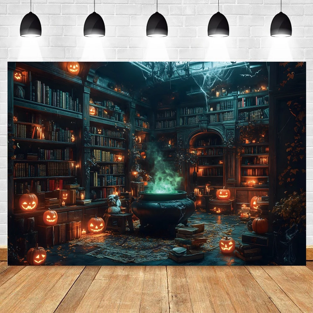 Halloween Photography Backdrop Witch Magic Cauldron Bookshelf in Spooky Room Party Decoration Photo Background Studio Booth Prop