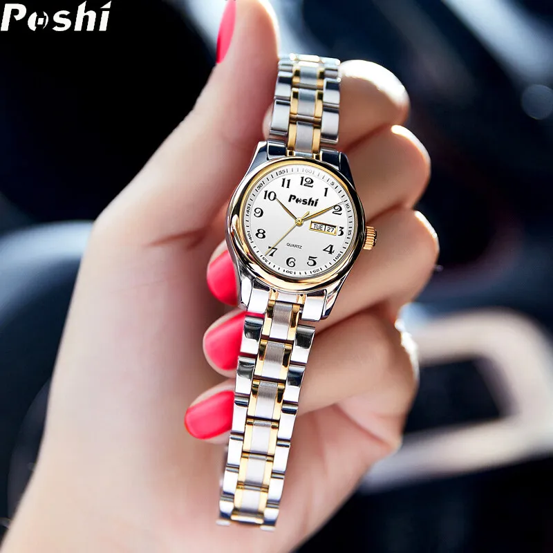 POSHI 914 Original Quartz Watch Fashion Women\'s Wristwatch Casual Simple Date Week Display Ladies Bracelet with Box