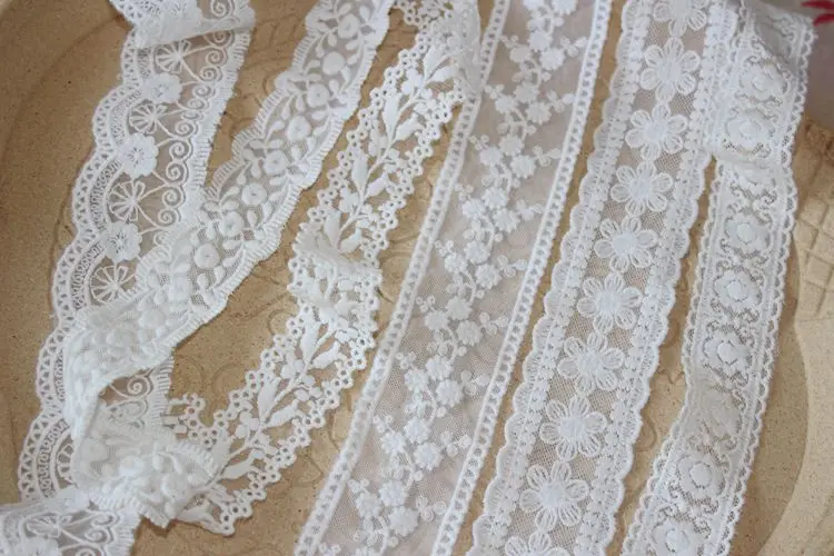 3yards/lot Paper white Cotton Embroidered Lace Trims Double Size Crochect Flower Mesh Wedding Lace Material X929