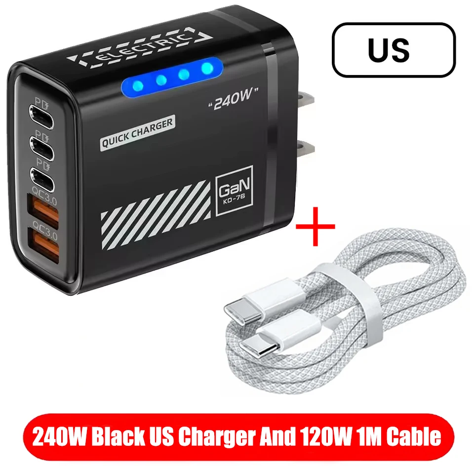 5-in-1 GaN bureaulader voor iPhone 17, 16 Pro, laptop, Samsung, 240W snellaadadapter, USB-C naar Type-C kabel, 3PD, 2USB-lader