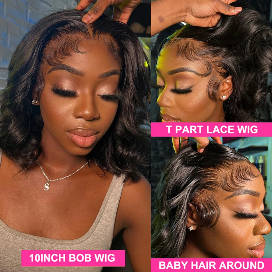 Body Wave T Part Lace Bob Wig 13X1 4x1 Lace Front Human Hair Wigs PrePlucked Natural Hair Remy Brazilian Wig 180% Density
