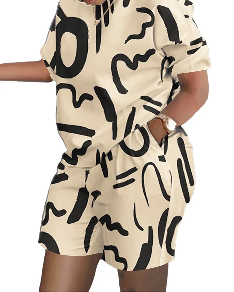 2025 Women Casual Short Sleeve Two Piece Sets Women Outfit 2025 Summer Printed Pocket Suit Female T Shirt Shorts 2 Pieces Set image 5