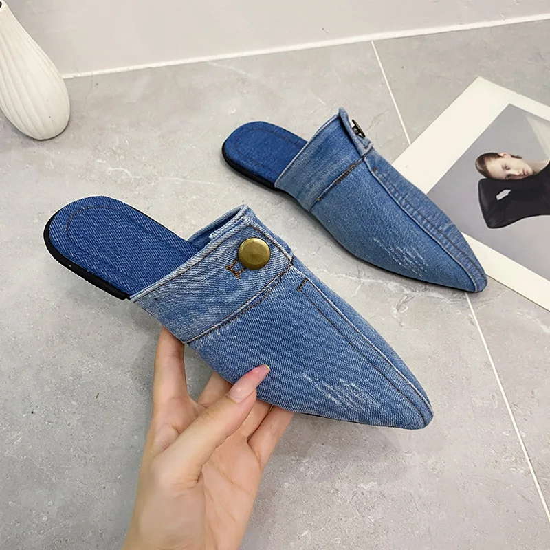 Denim Mule slajdy kobiety 2022 marka projekt Point Toe sandały damskie lato Chic Canvas pantofle Casual płaskie buty outdoorowe