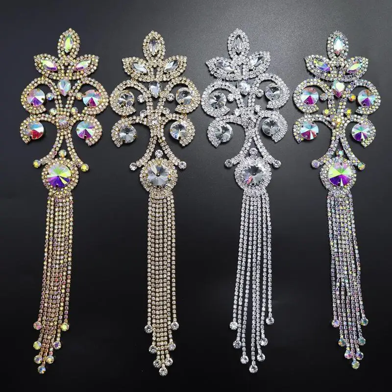 Shiny High Quality Rhinestone Fringe Applique Shoulder Badge Gold Silver Crystal Glass Brooch For Wedding Shoes