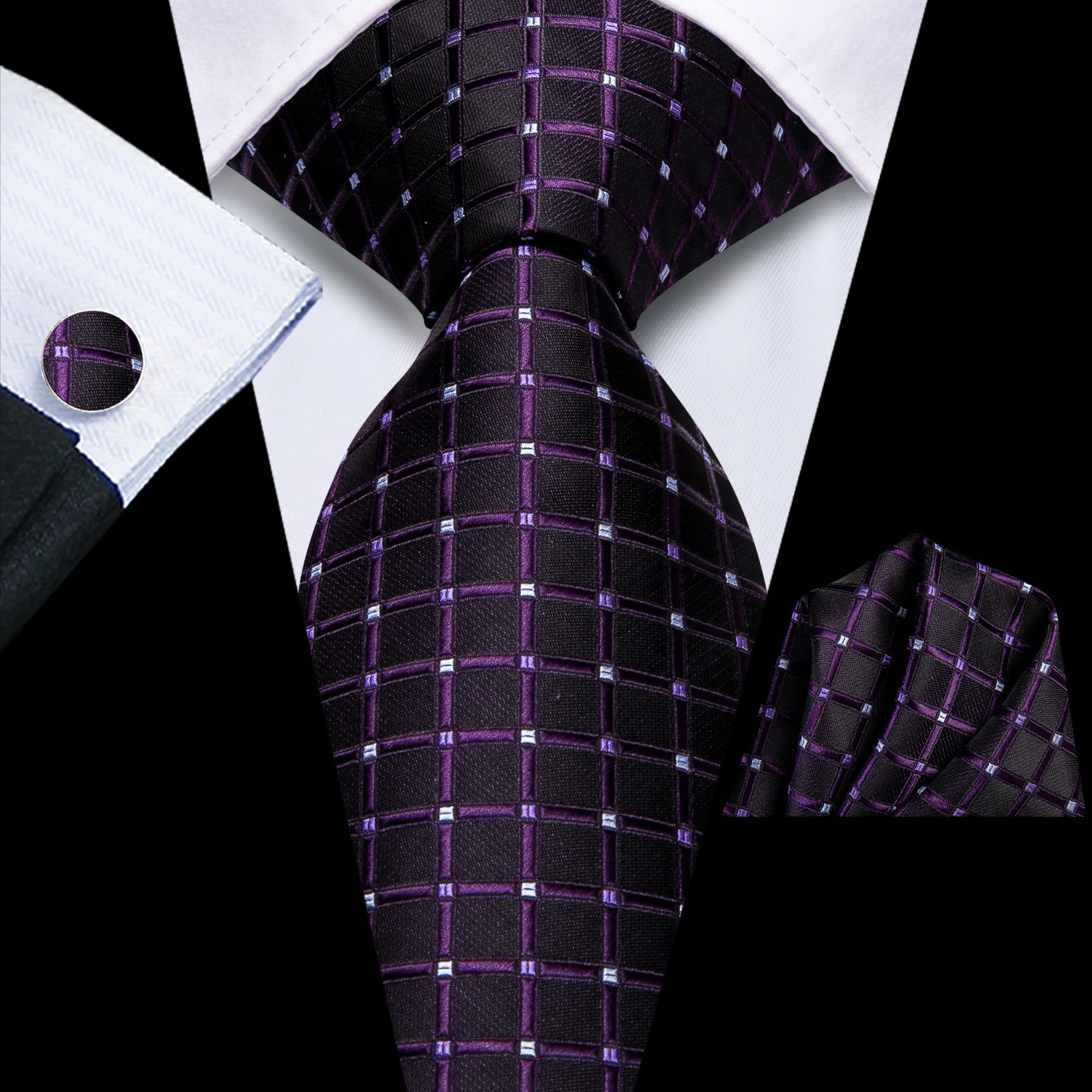 Hi-Tie Plaid Dots Purple Grey Mens Elegant Necktie Handkerchief Cufflinks for Tuxedo Fashion Classic Silk Luxury Tie for Man