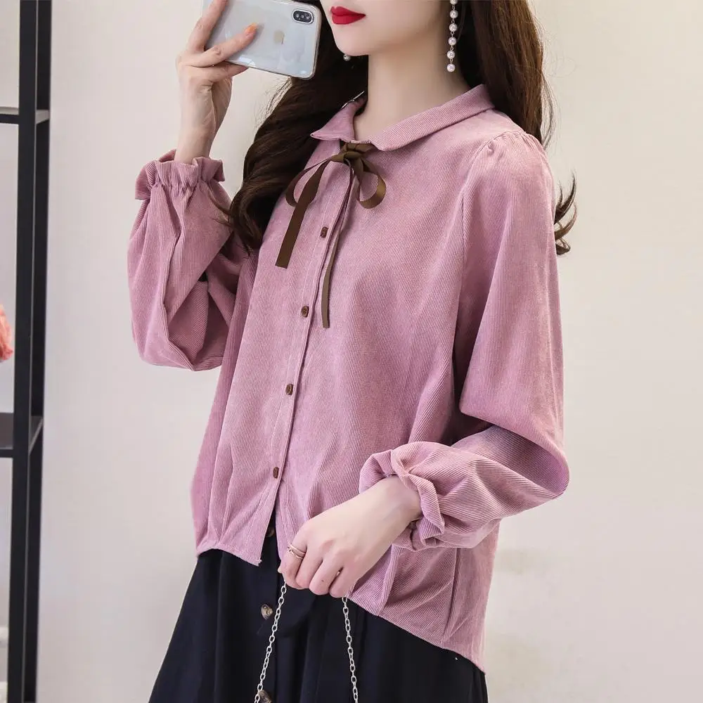 女性のヴィンテージコーデュロイシャツエレガントなターンダウンカラー長袖シャツ綿無地ルーズブラウス女性トップス JJ276
